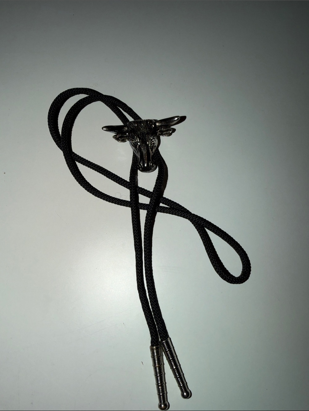 Bolo Tie with Bull Head Slide in Silver Tone